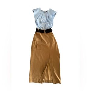 Zara Baby Blue and Tan Women's Dress with Black Belt